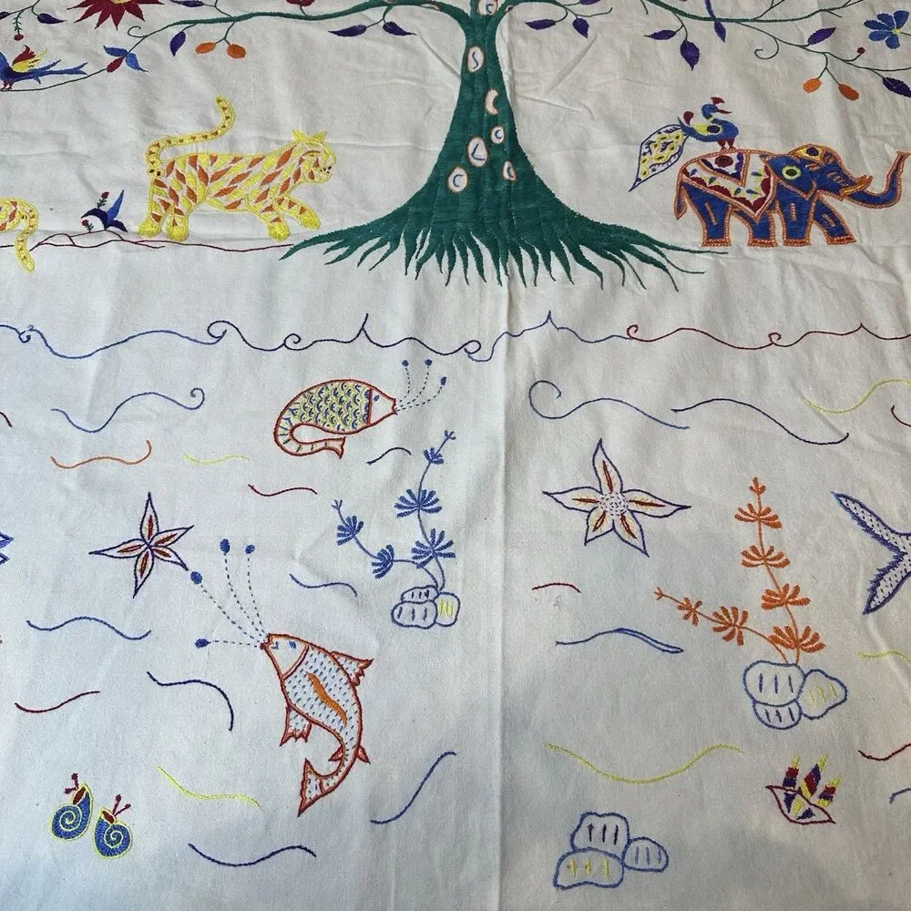 10000 Villages Tree Of Life Embroidered Tablecloth New w Tags 57 x 82 Inch